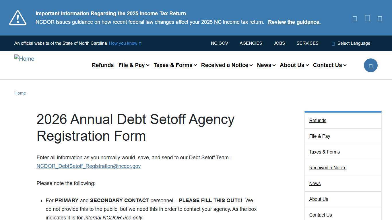 2026 Annual Debt Setoff Agency Registration Form NCDOR