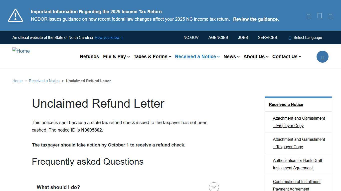 Unclaimed Refund Letter NCDOR