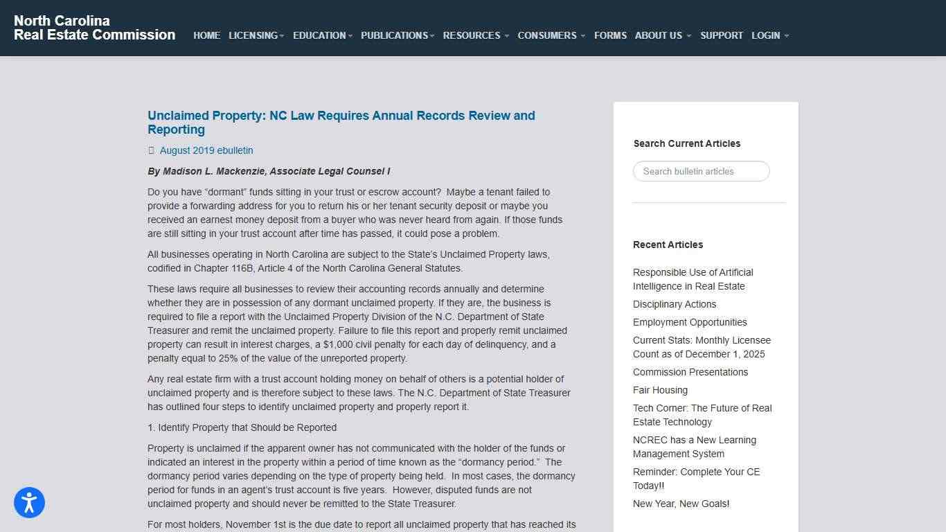 NCREC Bulletins – Unclaimed Property: NC Law Requires Annual Records Review and Reporting