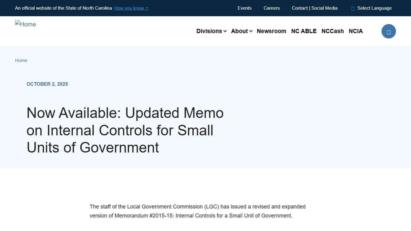 Now Available: Updated Memo on Internal Controls for Small Units of Government NC Treasurer